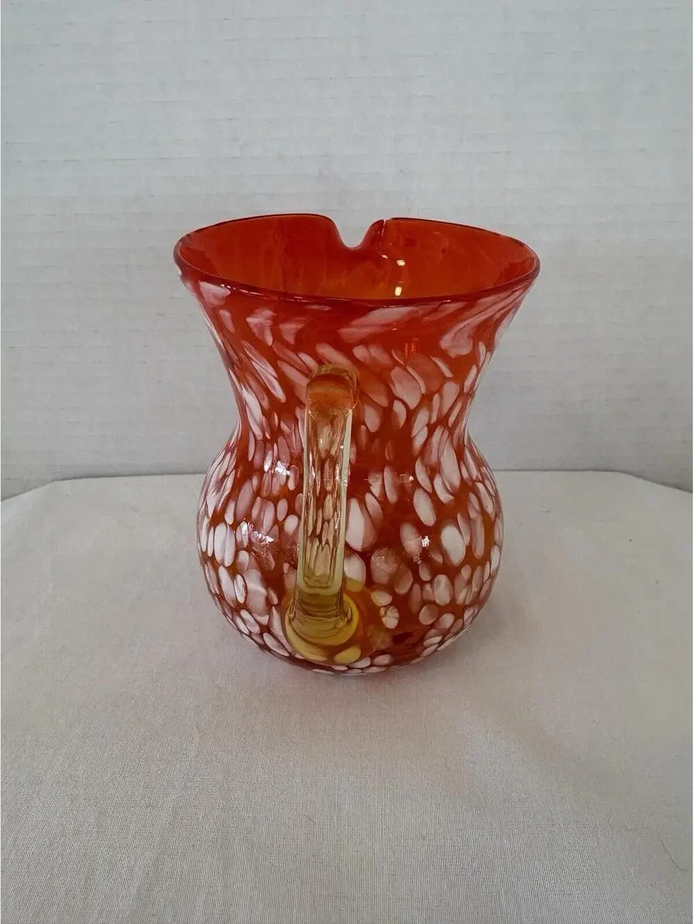 Vintage Hand Blown Rainbow Art Glass Pitcher Small Orange White & Yelllow